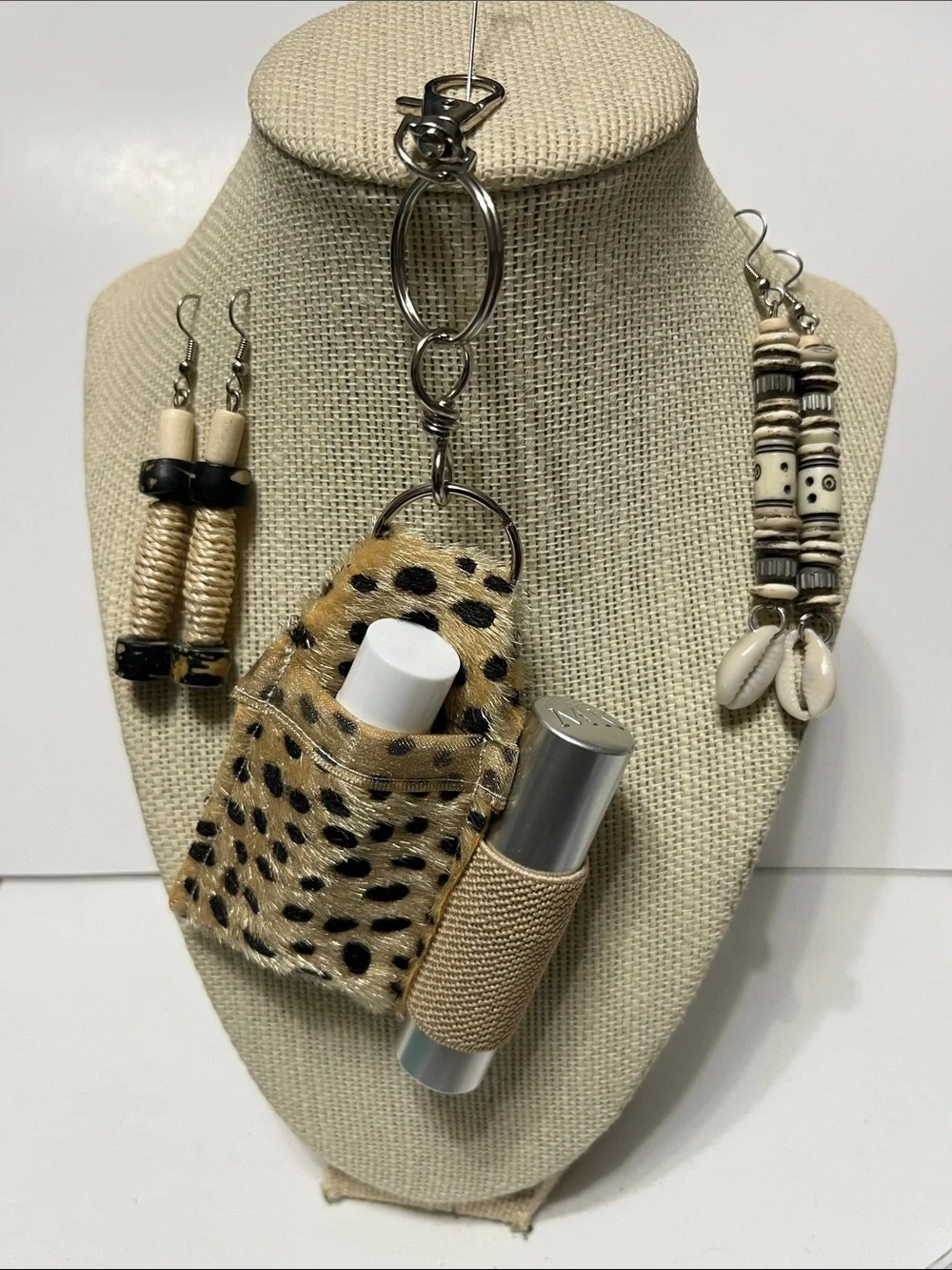 Gift Set Animal Print Faux Fur Double Lipstick Holder Purse Charm 2 pr earrings